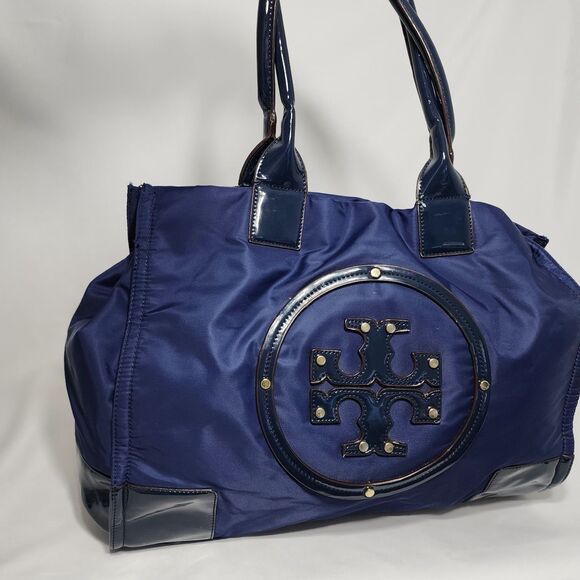 Tory Burch Ella Nylon Tote Navy Blue Patent Trim Logo Large Shoulder Bag Purse - Picture 8 of 16